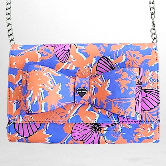 Betsey Johnson Handbags - Betsey Johnson Crossbody Wallet Orange Blue Patent Printed Butterflies